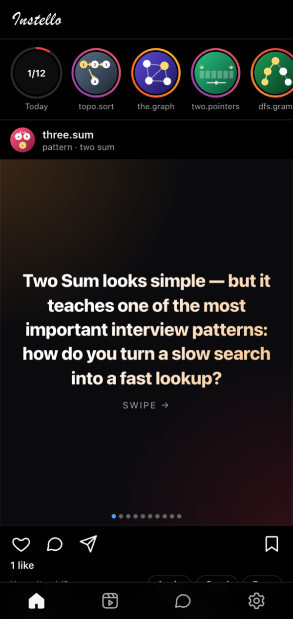 The Instello feed: a stories ring of topics and a swipeable lesson card